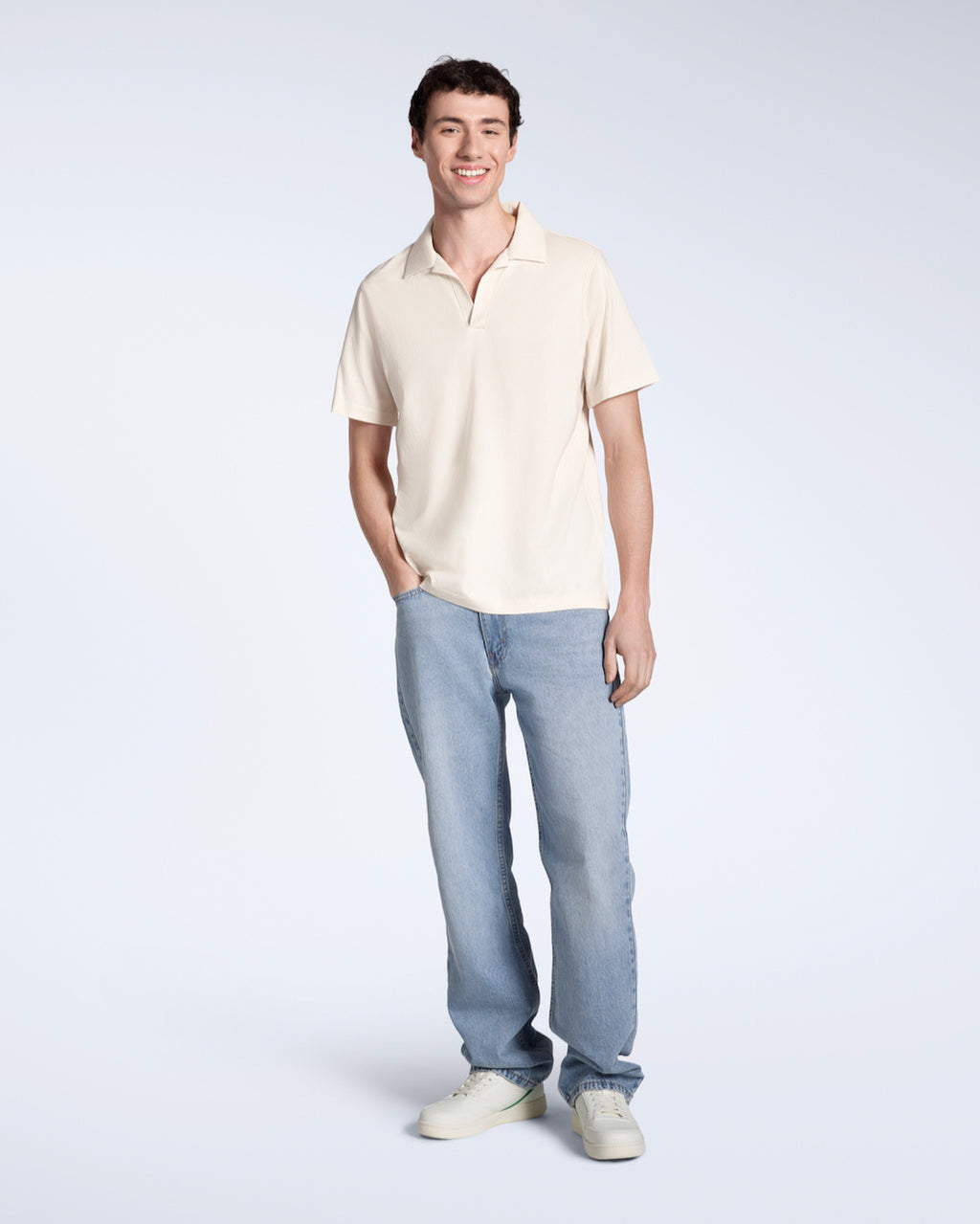 Men's Short-Sleeve Polo with Open Collar and Relaxed Fit