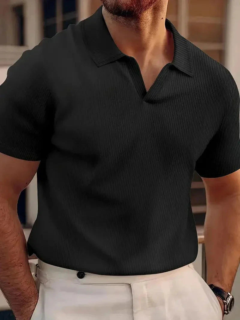 Men's Short-Sleeve Polo with Open Collar and Slim Fit
