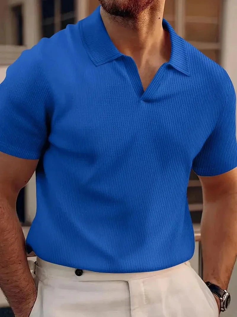 Men's Short-Sleeve Polo with Open Collar and Slim Fit
