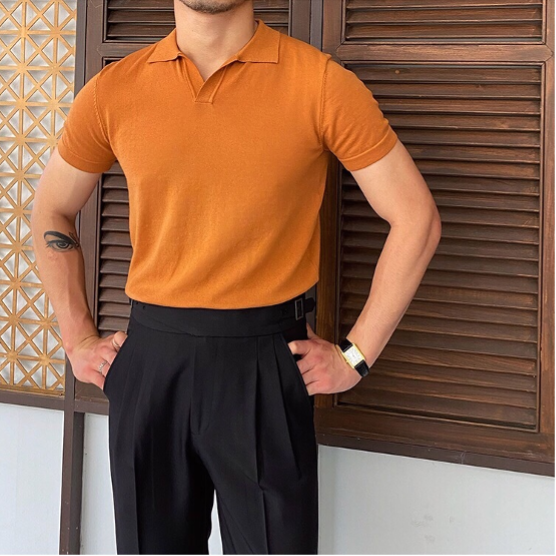 Men's Short-Sleeve Polo with Open V-Neck and Slim Fit