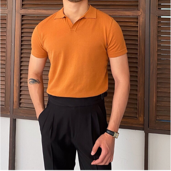 Men's Short-Sleeve Polo with Open V-Neck and Slim Fit