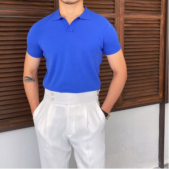 Men's Short-Sleeve Polo with Open V-Neck and Slim Fit