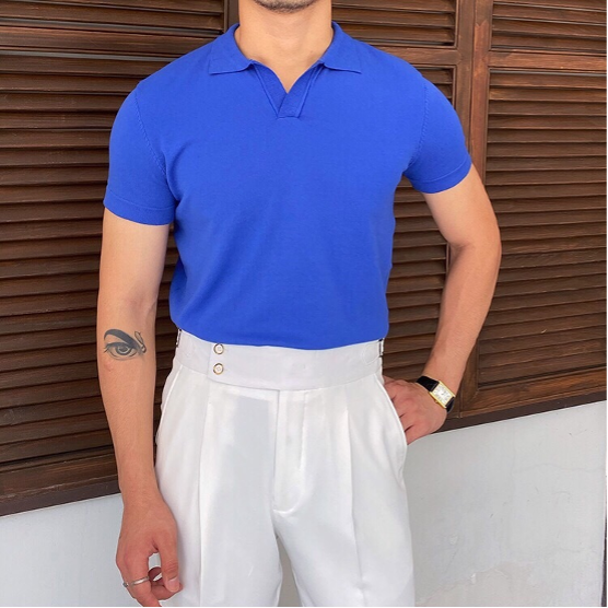 Men's Short-Sleeve Polo with Open V-Neck and Slim Fit