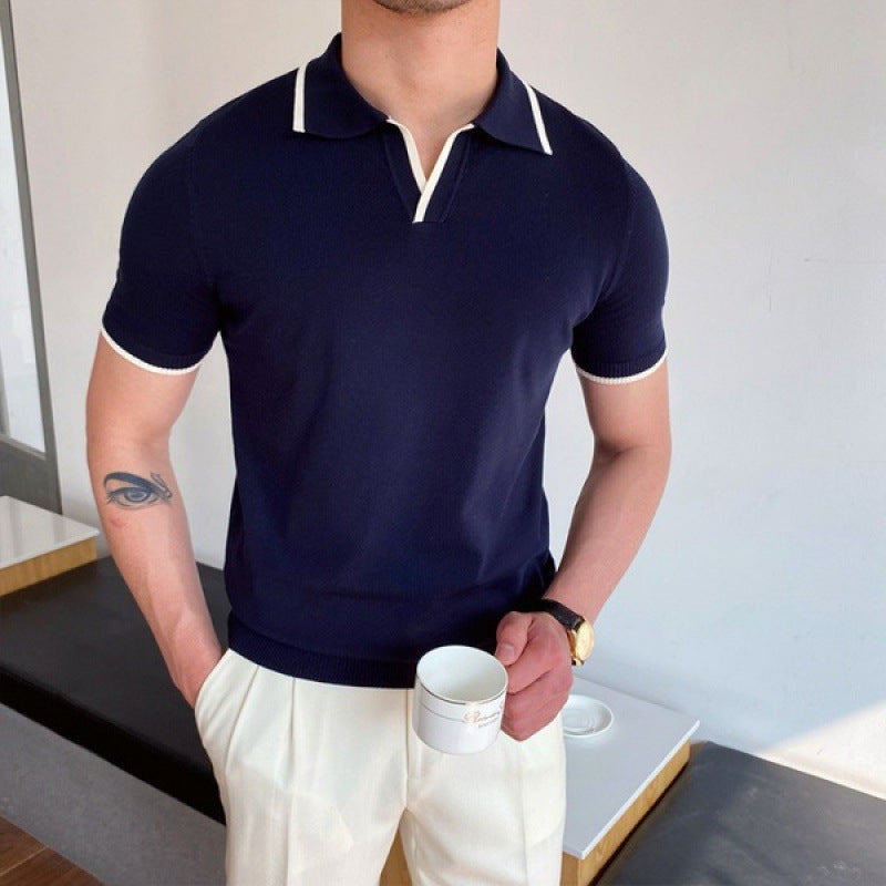 Men's Short-Sleeve Polo with Open V-Neck and Slim Fit