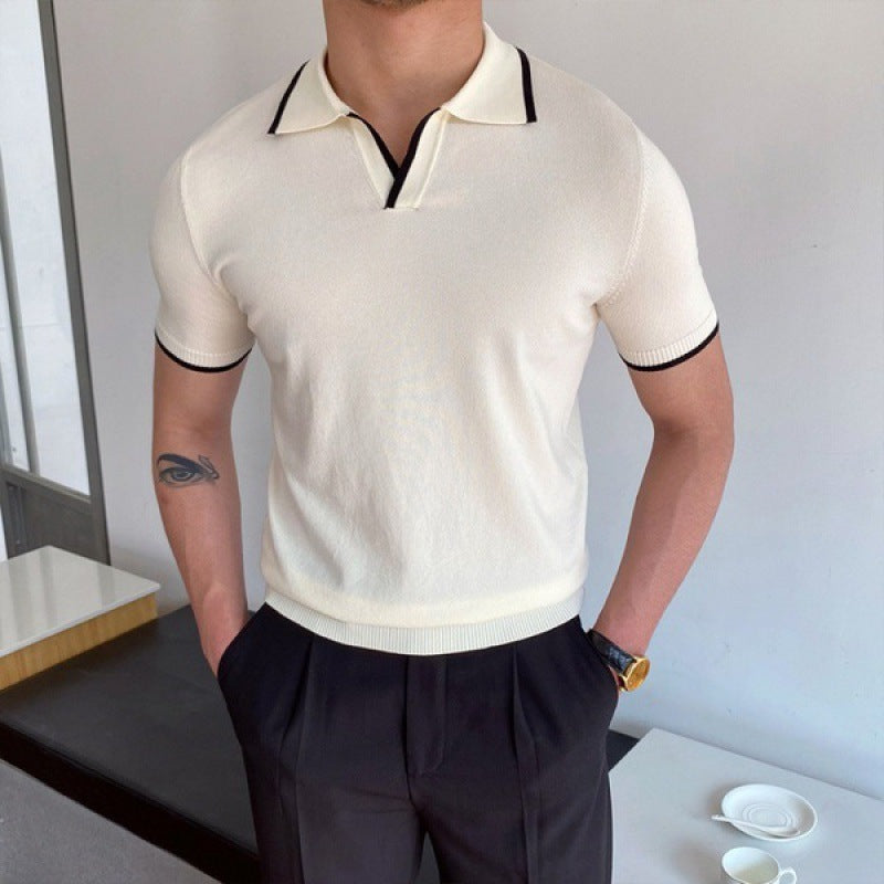 Men's Short-Sleeve Polo with Open V-Neck and Slim Fit