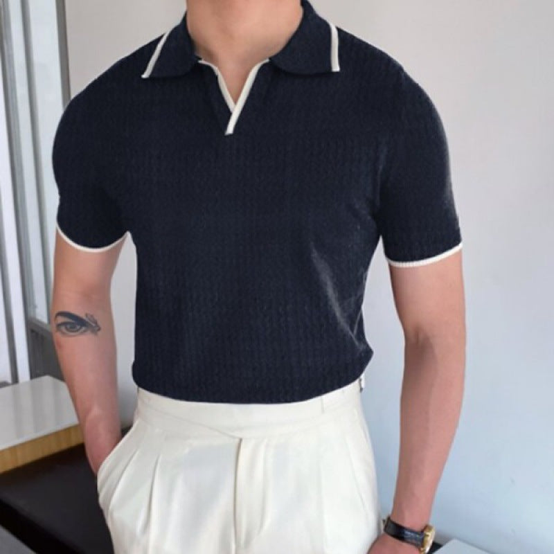 Men's Short-Sleeve Polo with Open V-Neck and Slim Fit