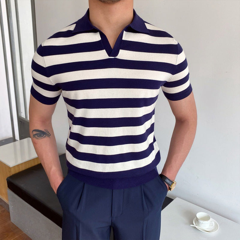 Men's Short-Sleeve Polo with Open V-Neck and Slim Fit