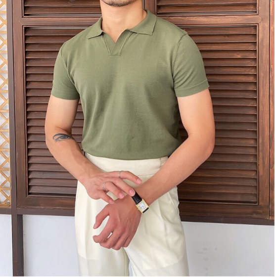 Men's Short-Sleeve Polo with Open V-Neck and Slim Fit