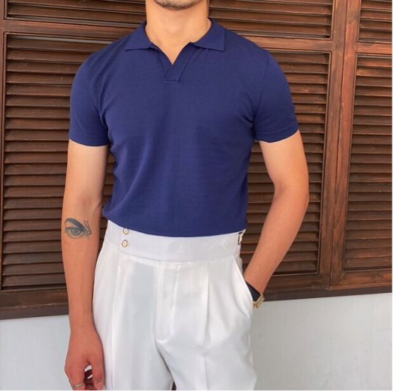 Men's Short-Sleeve Polo with Open V-Neck and Slim Fit