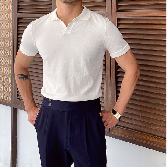 Men's Short-Sleeve Polo with Open V-Neck and Slim Fit