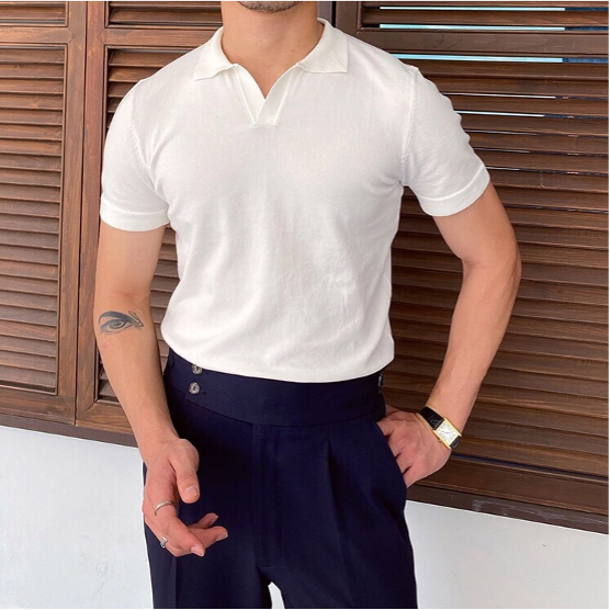 Men's Short-Sleeve Polo with Open V-Neck and Slim Fit