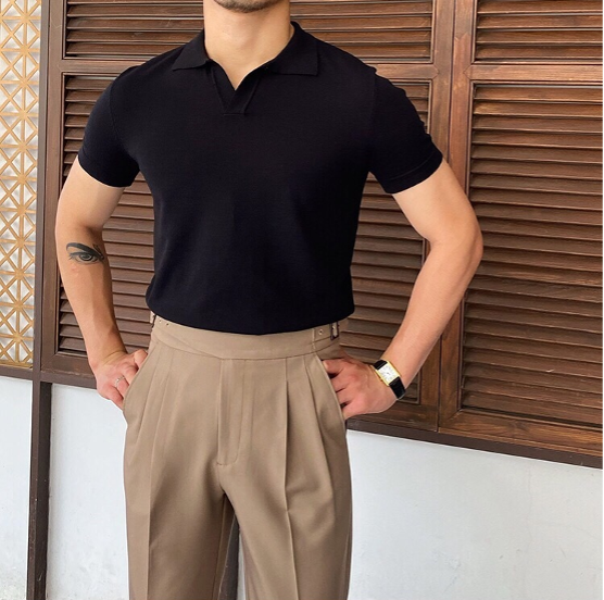 Men's Short-Sleeve Polo with Open V-Neck and Slim Fit