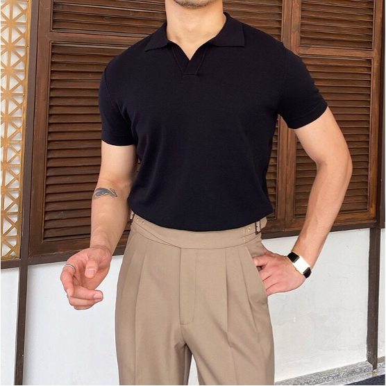 Men's Short-Sleeve Polo with Open V-Neck and Slim Fit