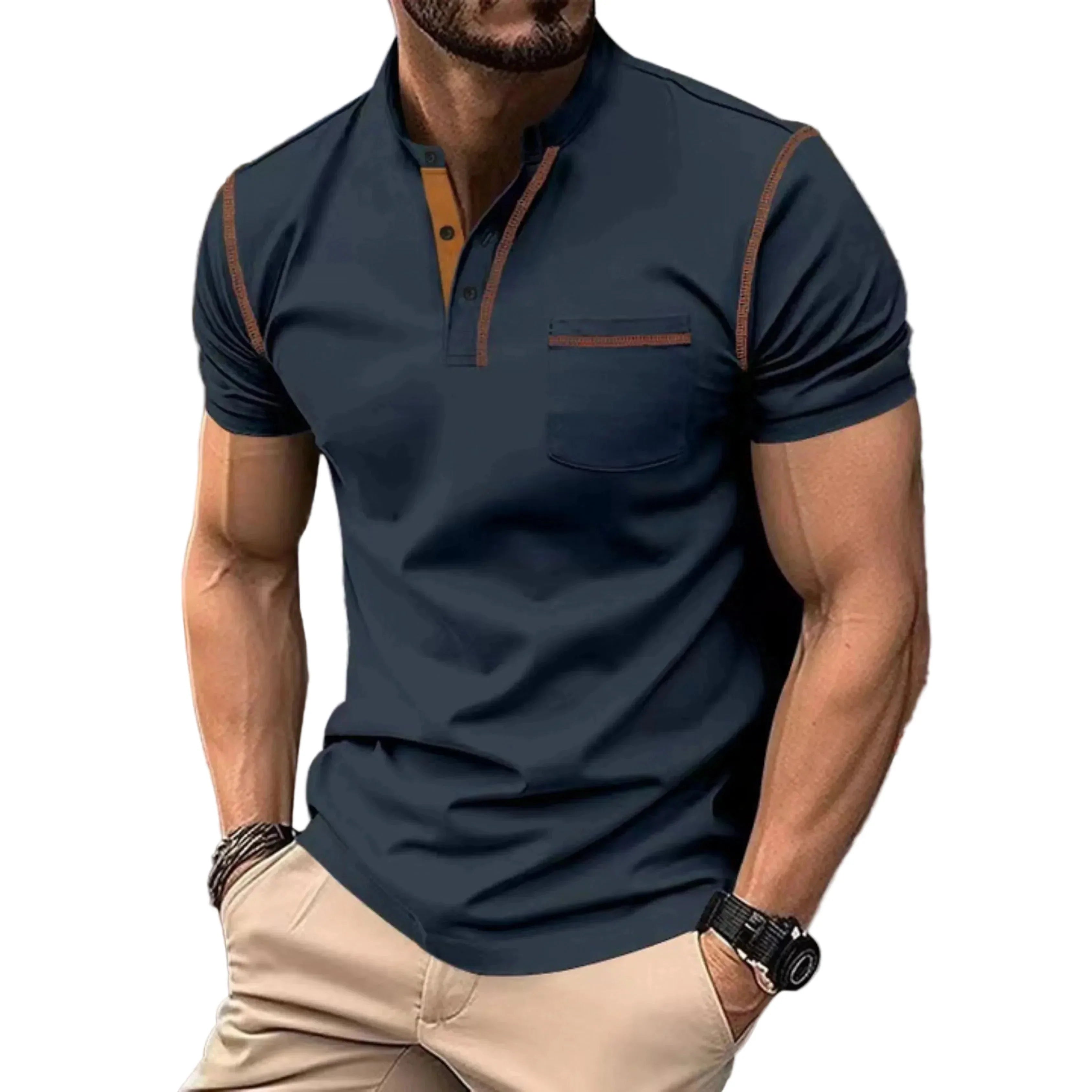 Men's Short-Sleeve Polo with Stand Collar and Contrast Details