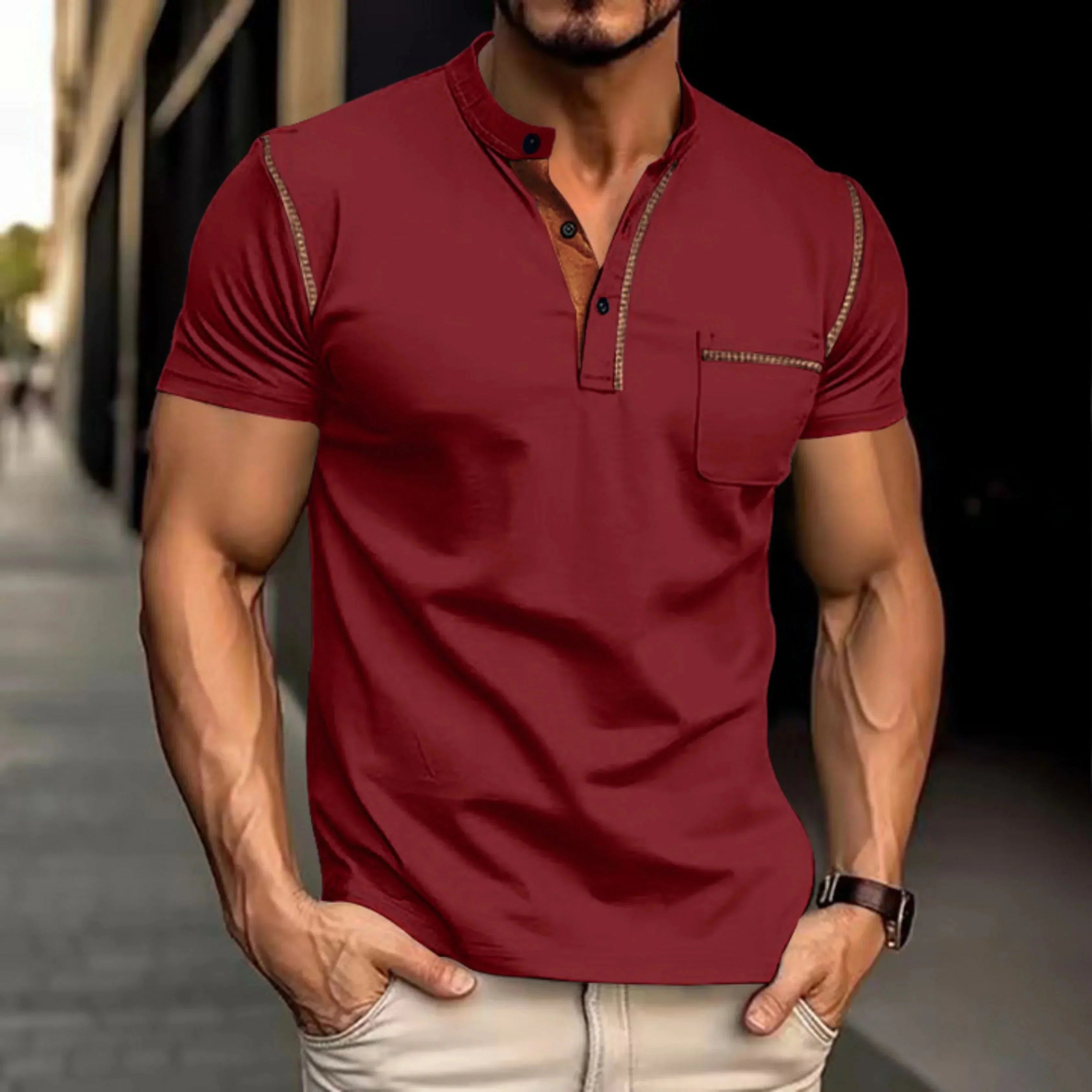 Men's Short-Sleeve Polo with Stand Collar and Contrast Details