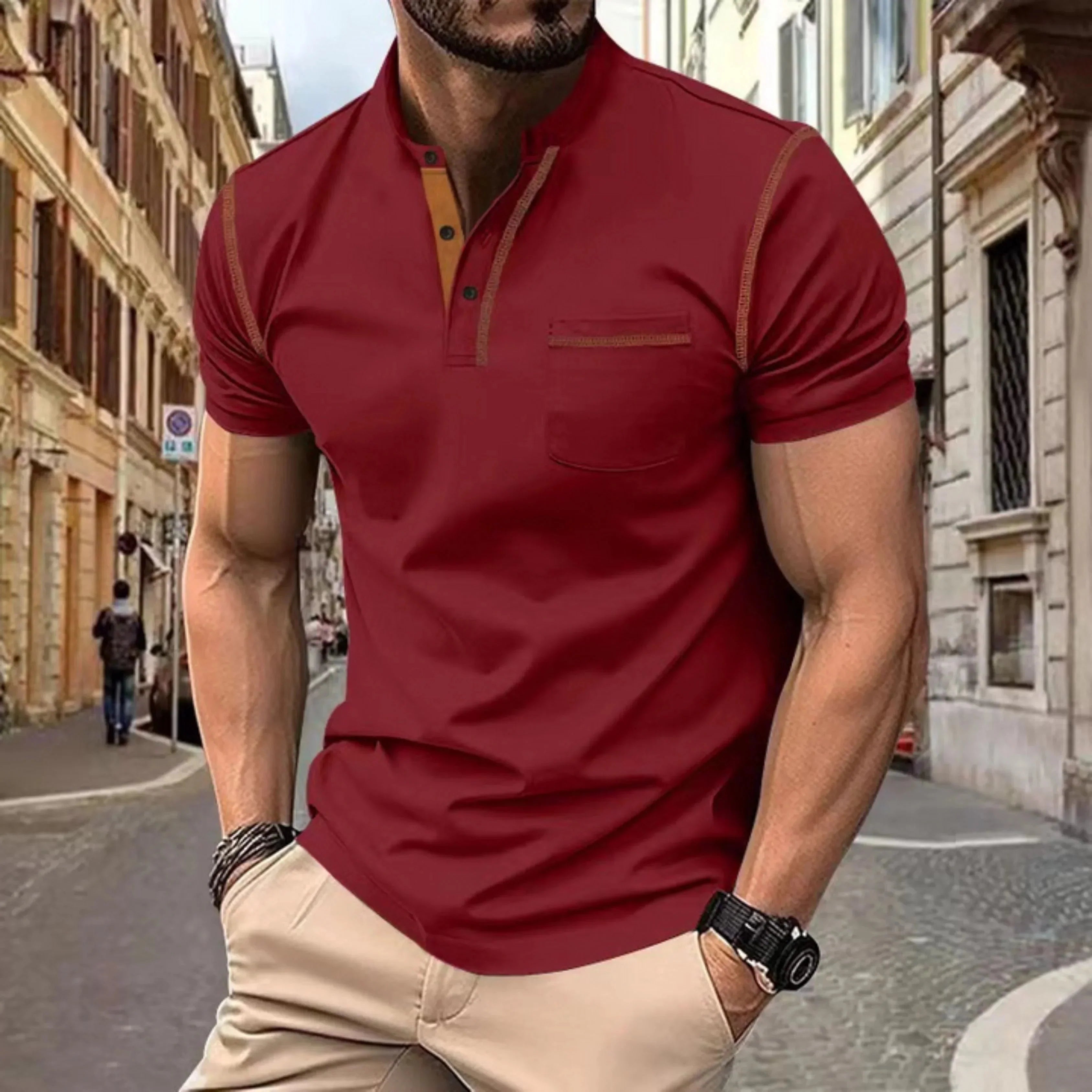 Men's Short-Sleeve Polo with Stand Collar and Contrast Details