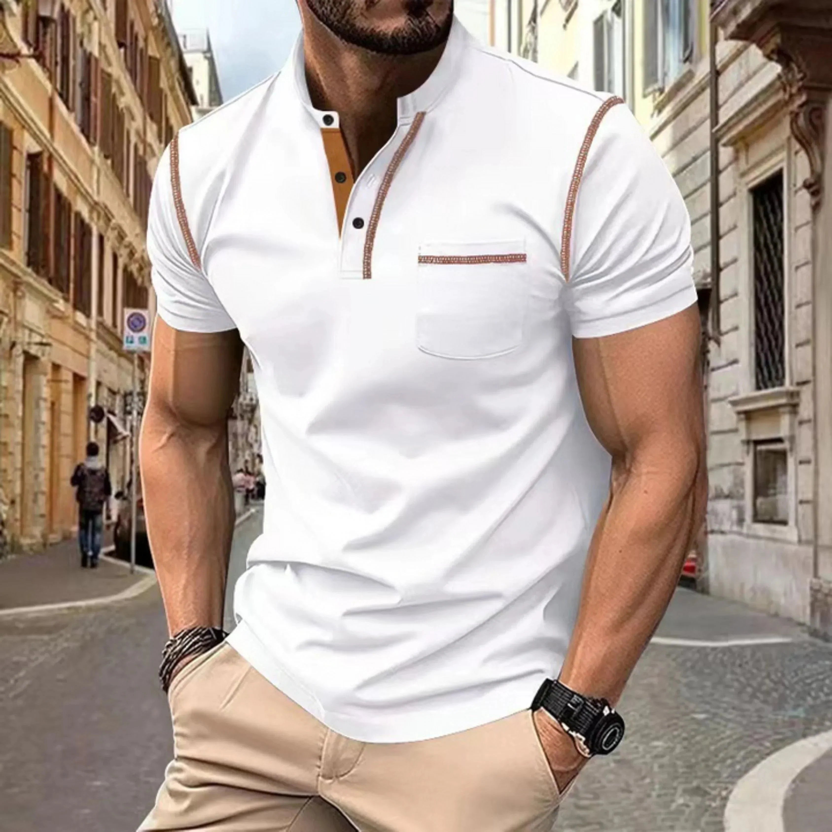 Men's Short-Sleeve Polo with Stand Collar and Contrast Details