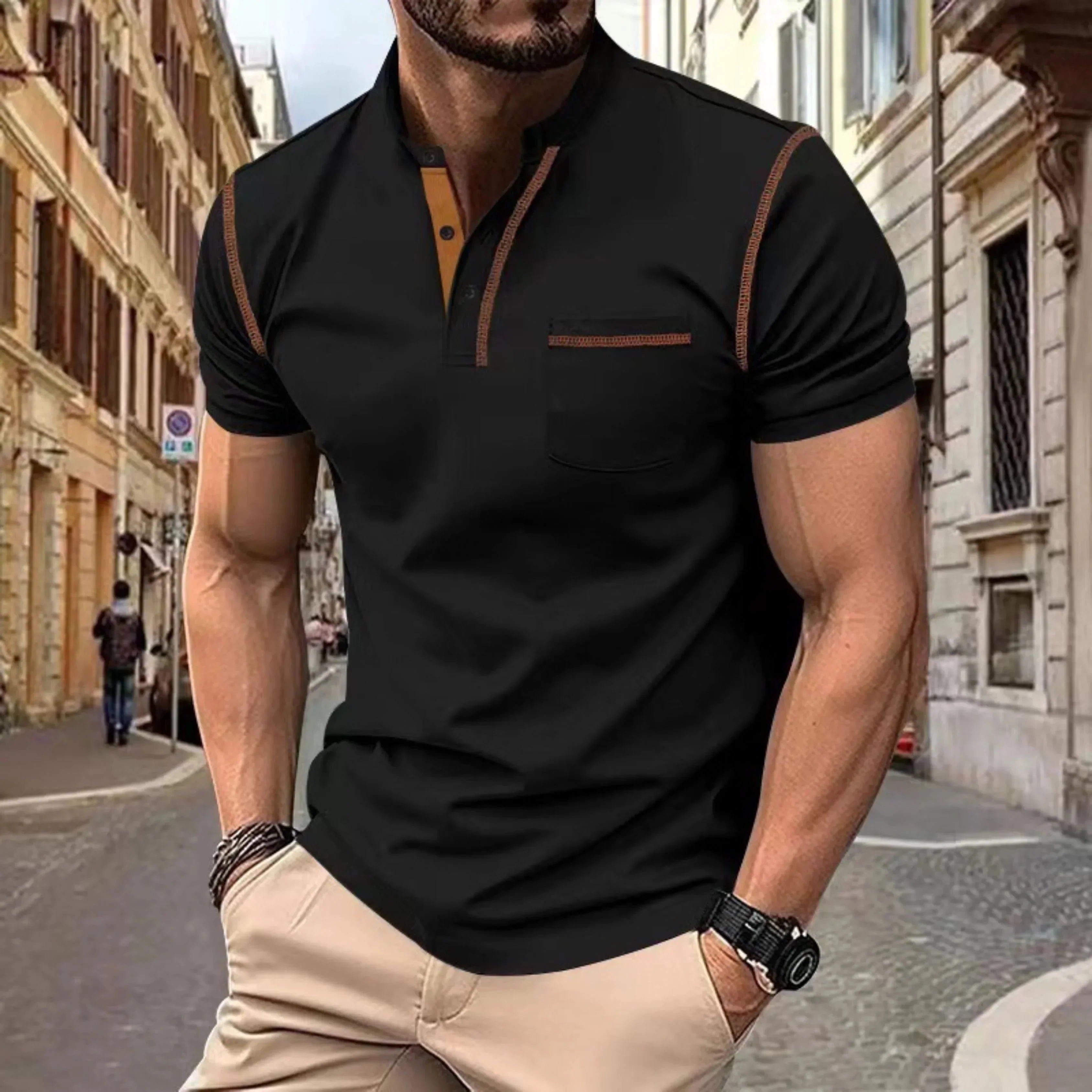 Men's Short-Sleeve Polo with Stand Collar and Contrast Details