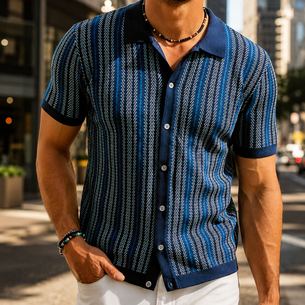 Men's Short-Sleeve Polo with Vertical Stripes and Button Closure