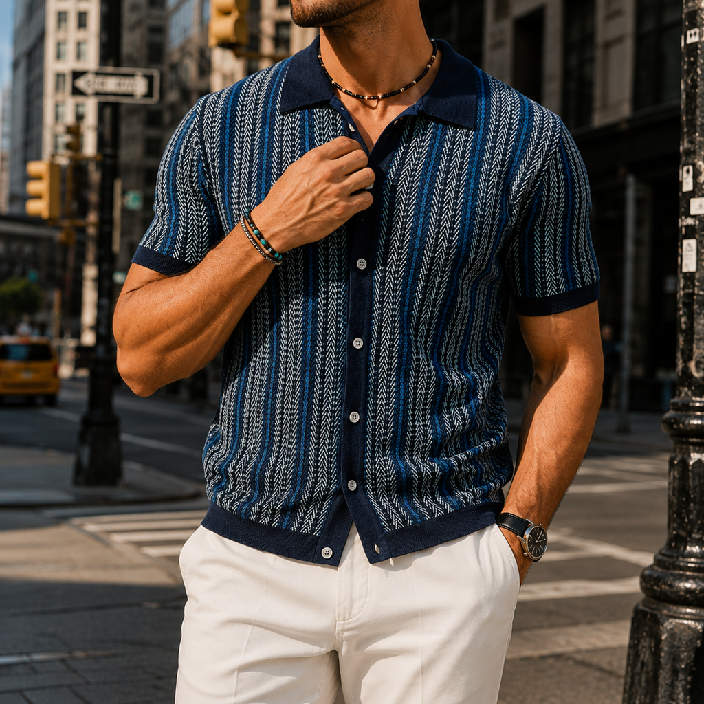 Men's Short-Sleeve Polo with Vertical Stripes and Button Closure
