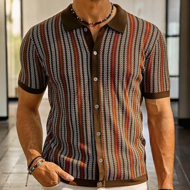 Men's Short-Sleeve Polo with Vertical Stripes and Button Closure