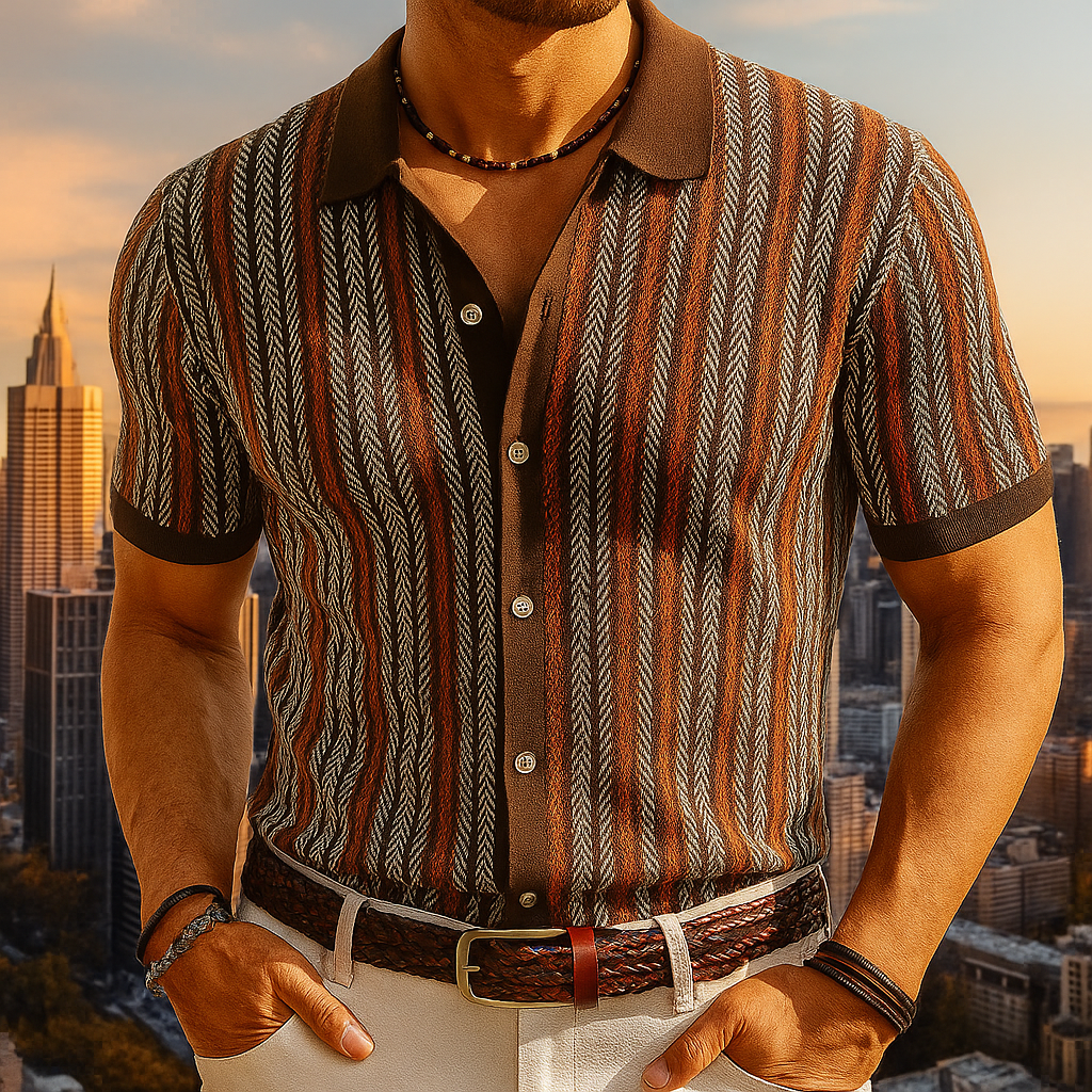 Men's Short-Sleeve Polo with Vertical Stripes and Button Closure