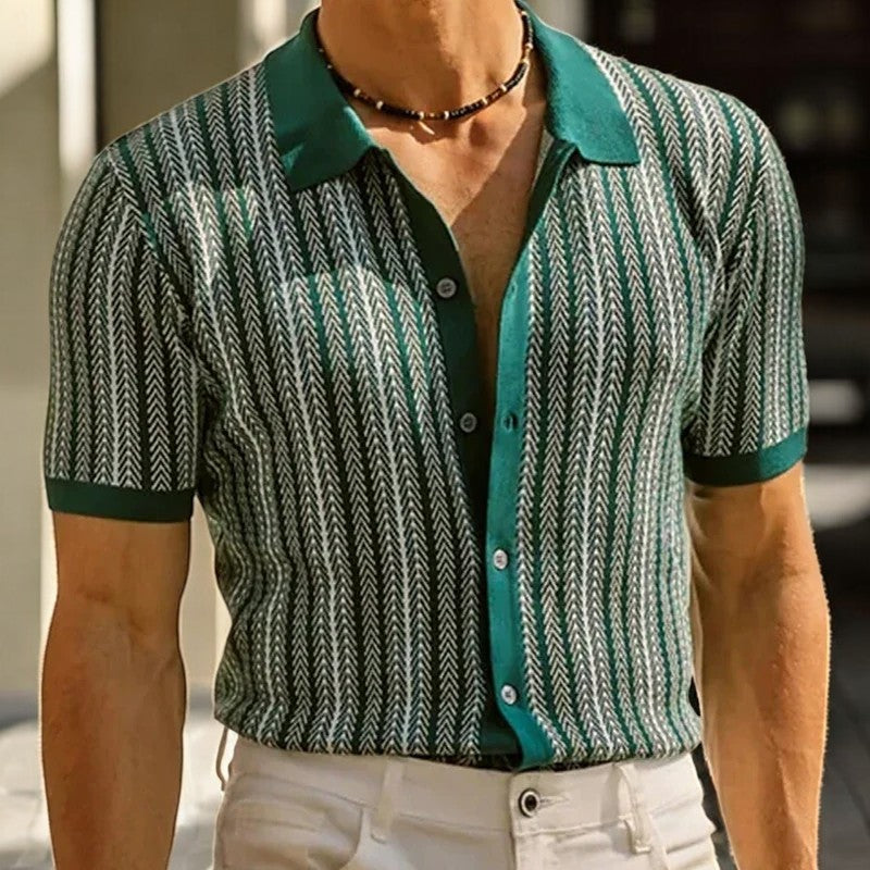 Men's Short-Sleeve Polo with Vertical Stripes and Button Closure