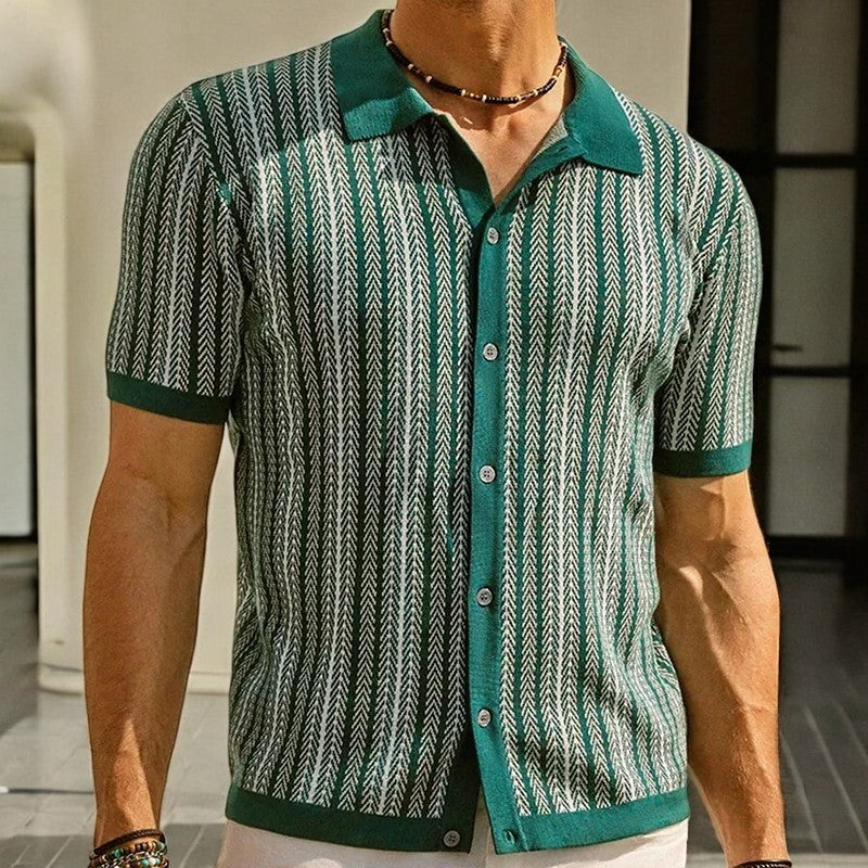 Men's Short-Sleeve Polo with Vertical Stripes and Button Closure