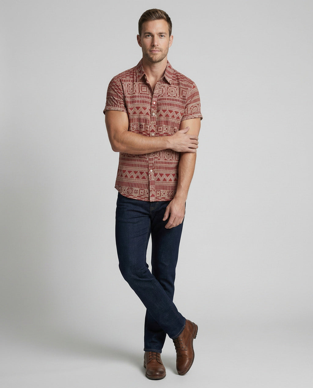 Men's Short-Sleeve Shirt with Ethnic Pattern and Classic Collar