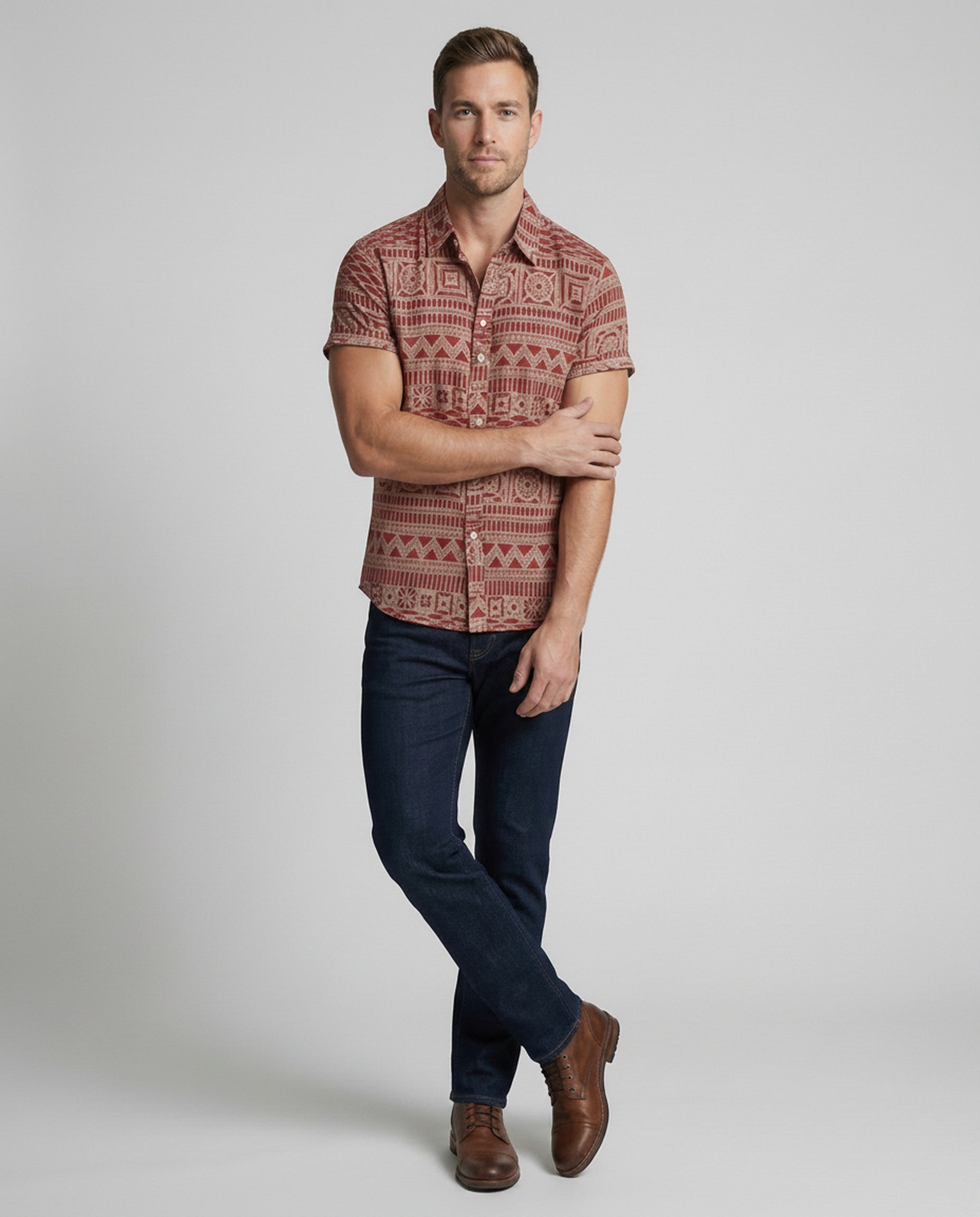 Men's Short-Sleeve Shirt with Ethnic Pattern and Classic Collar