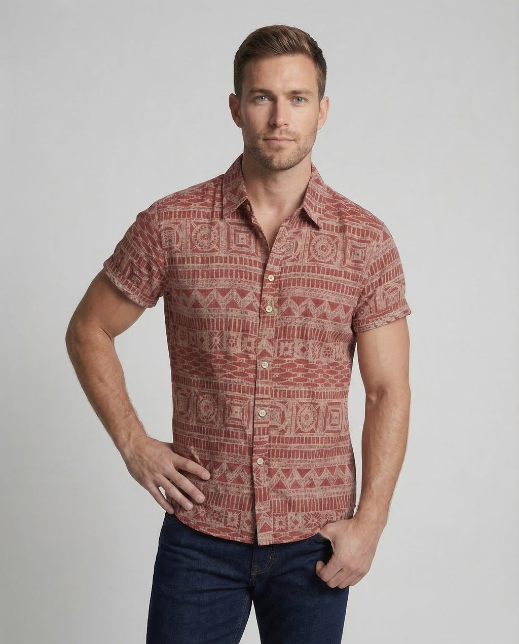 Men's Short-Sleeve Shirt with Ethnic Pattern and Classic Collar