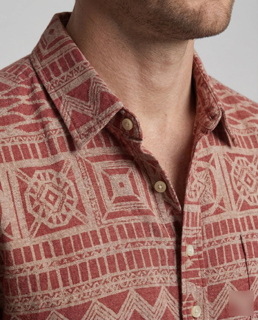 Men's Short-Sleeve Shirt with Ethnic Pattern and Classic Collar
