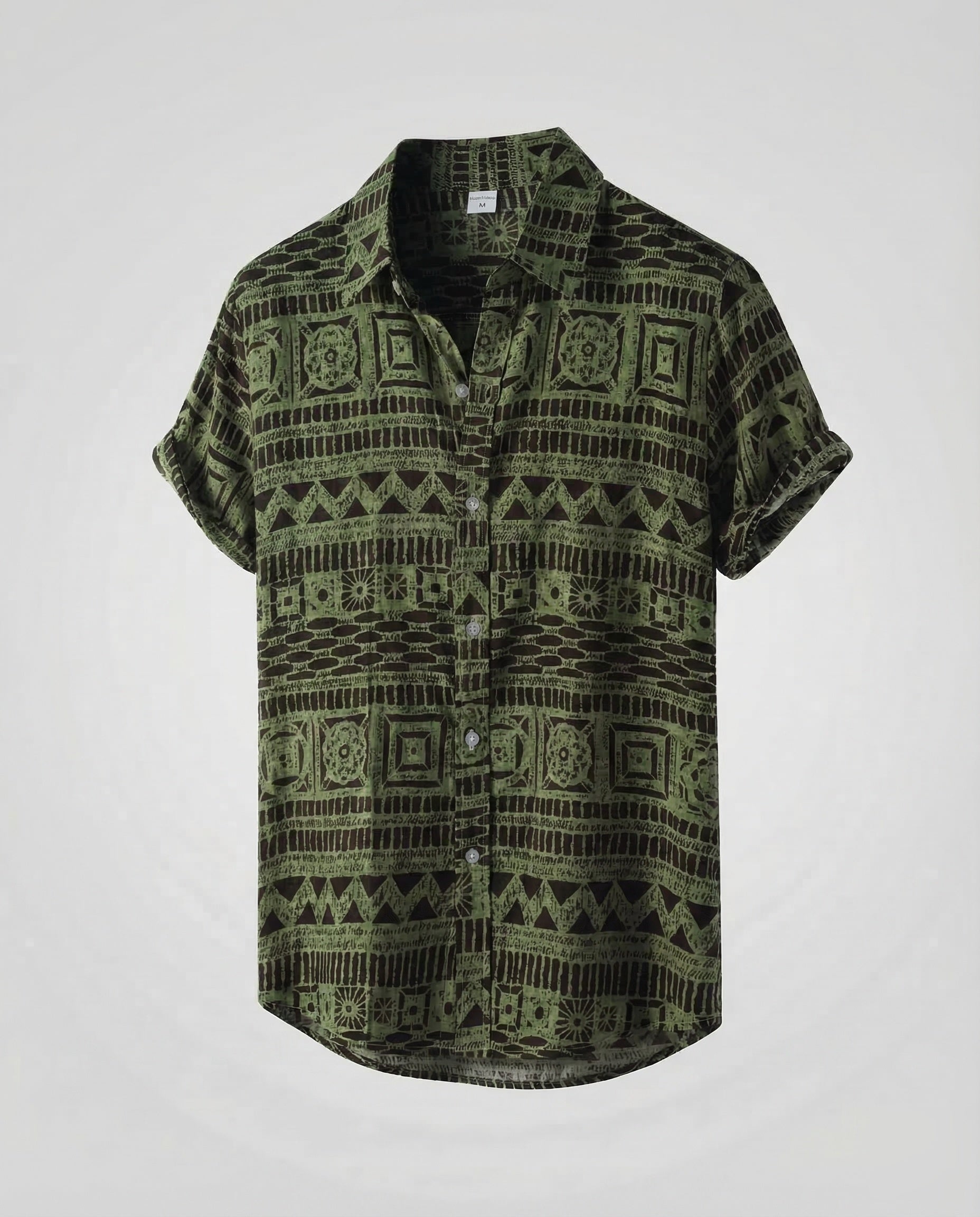 Men's Short-Sleeve Shirt with Ethnic Pattern and Classic Collar