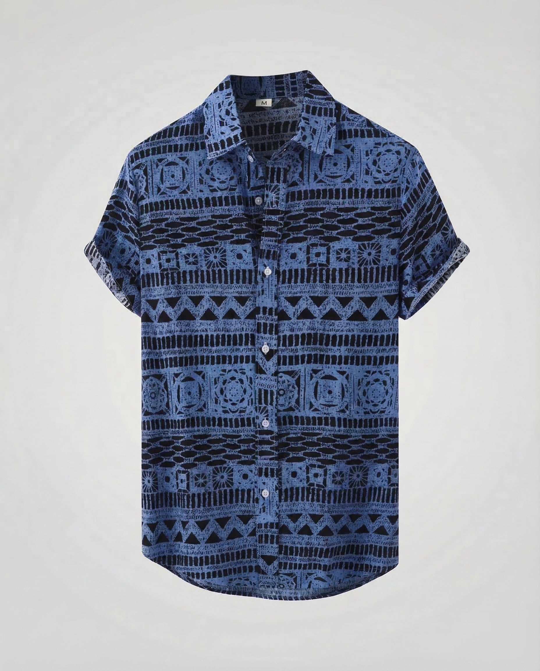 Men's Short-Sleeve Shirt with Ethnic Pattern and Classic Collar