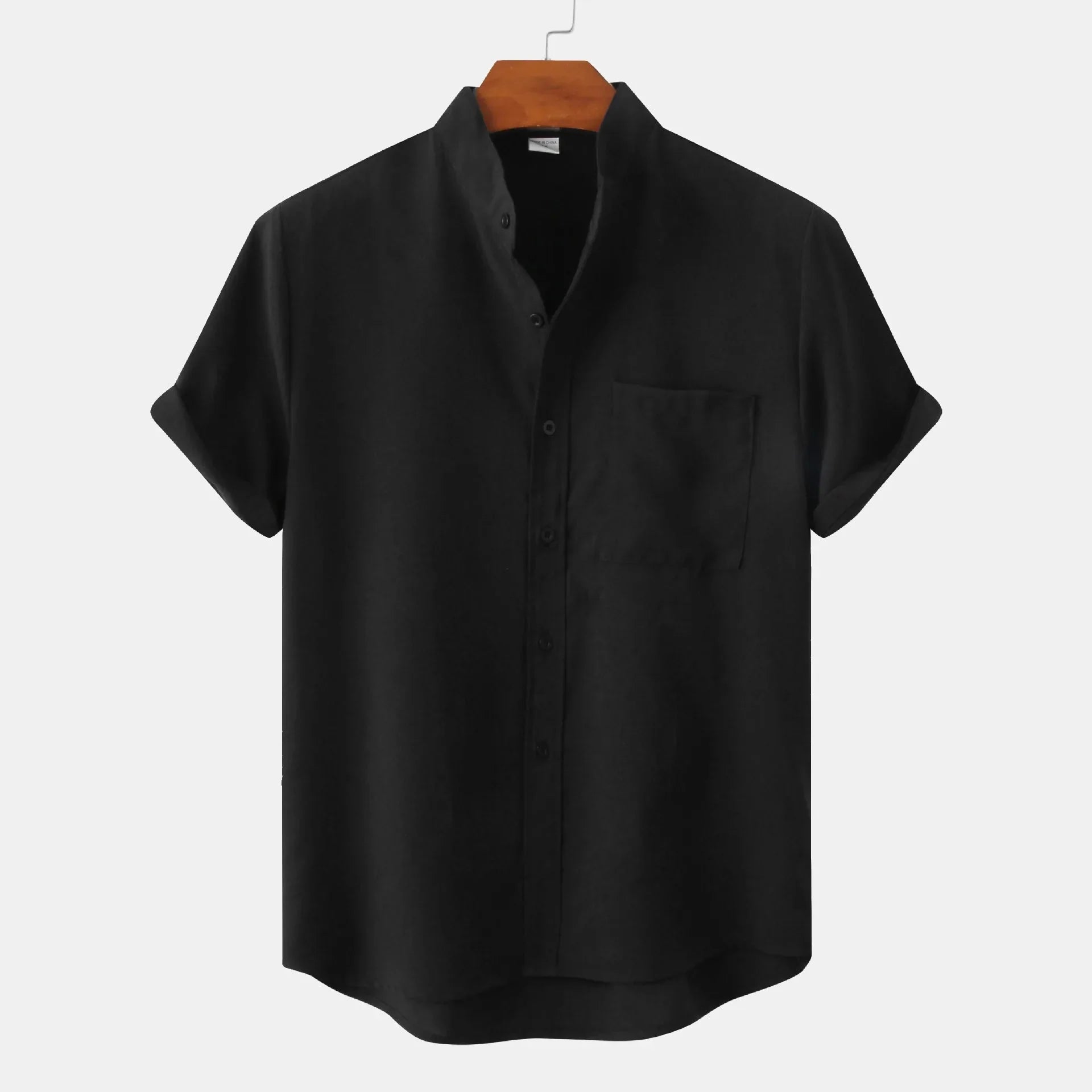 Men's Short-Sleeve Shirt with Stand Collar and Chest Pocket