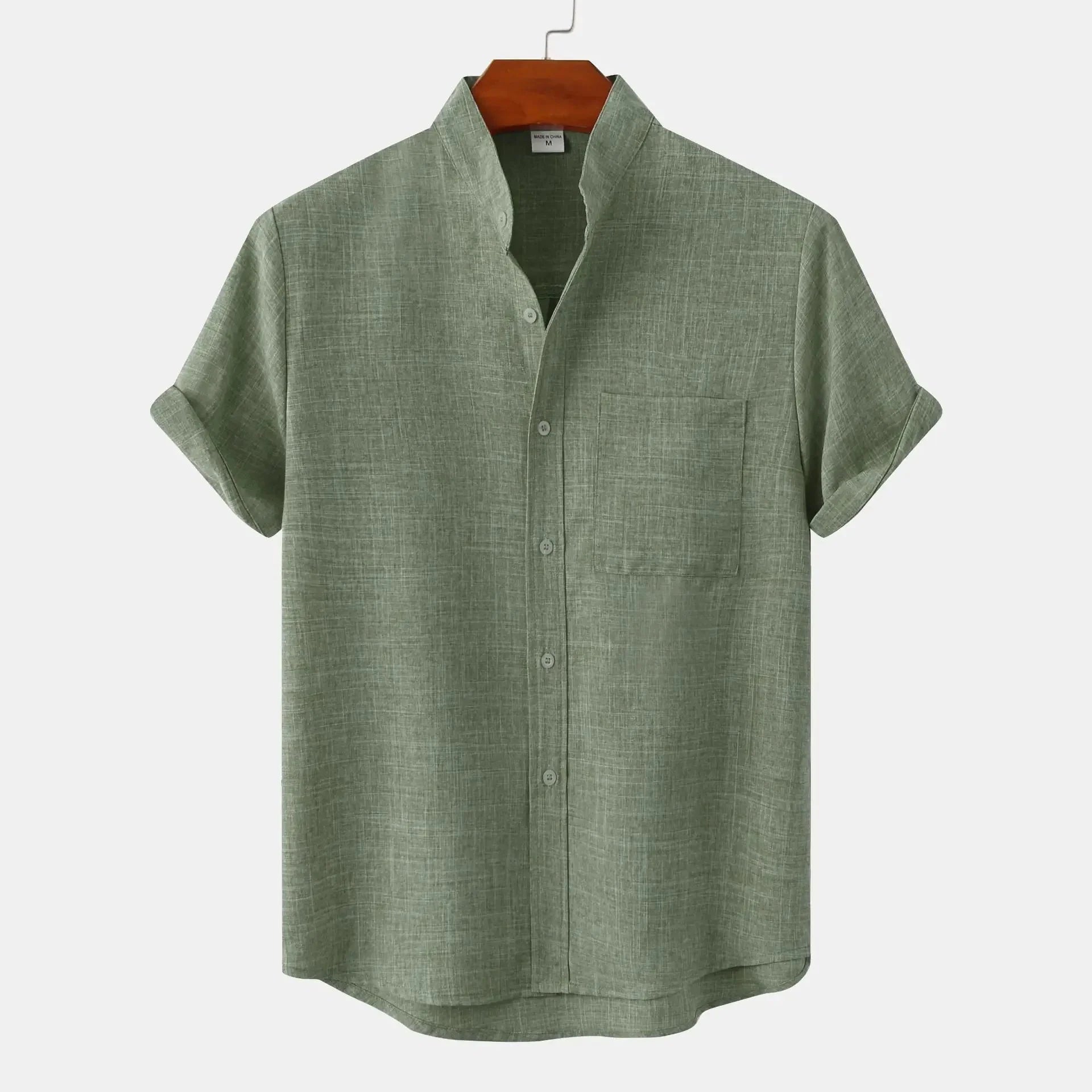 Men's Short-Sleeve Shirt with Stand Collar and Chest Pocket
