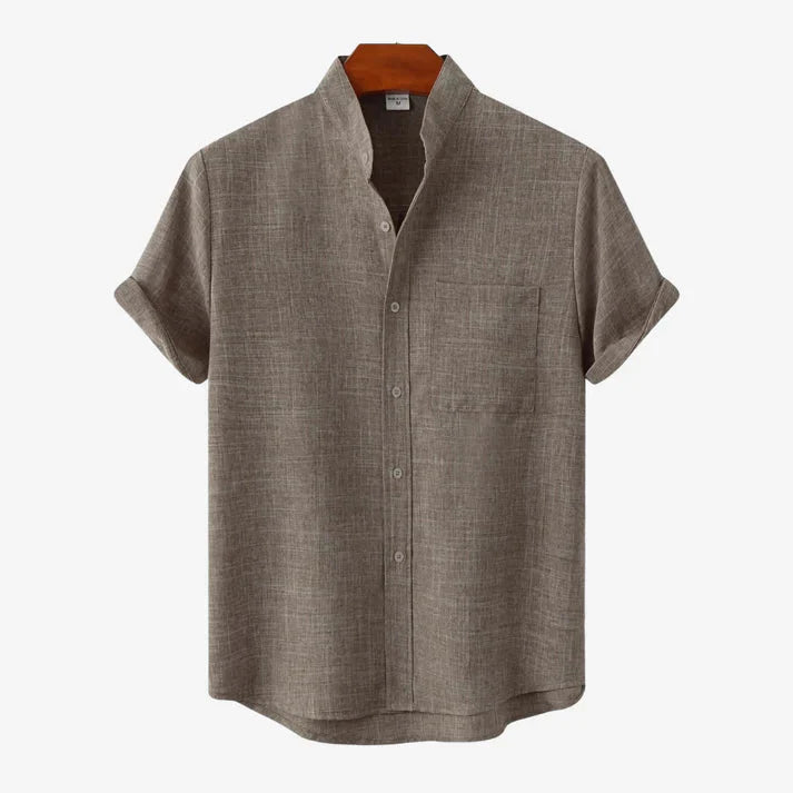 Men's Short-Sleeve Shirt with Stand Collar and Chest Pocket