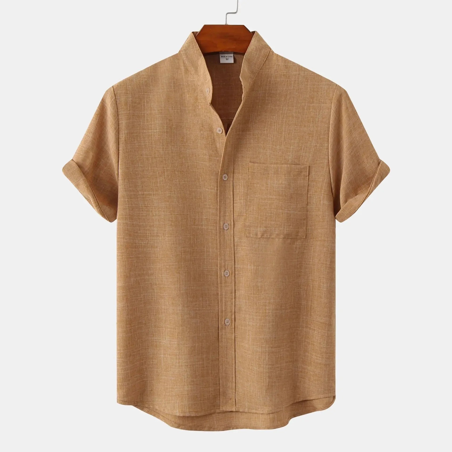 Men's Short-Sleeve Shirt with Stand Collar and Chest Pocket
