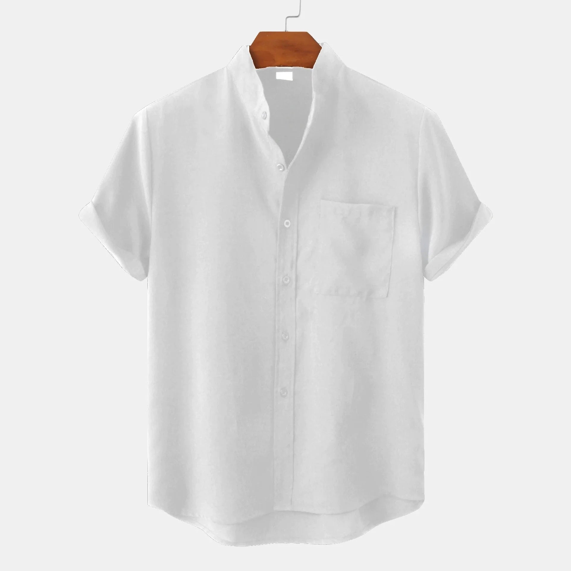 Men's Short-Sleeve Shirt with Stand Collar and Chest Pocket