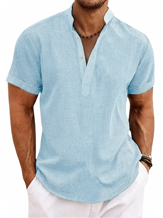 Men's Short-Sleeve Shirt with Stand Collar and V-Neck