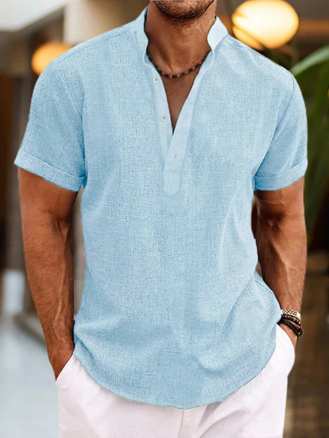 Men's Short-Sleeve Shirt with Stand Collar and V-Neck