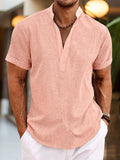 Men's Short-Sleeve Shirt with Stand Collar and V-Neck