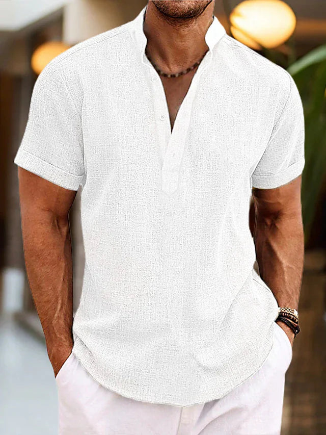 Men's Short-Sleeve Shirt with Stand Collar and V-Neck