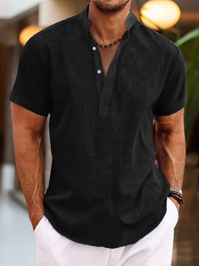 Men's Short-Sleeve Shirt with Stand Collar and V-Neck