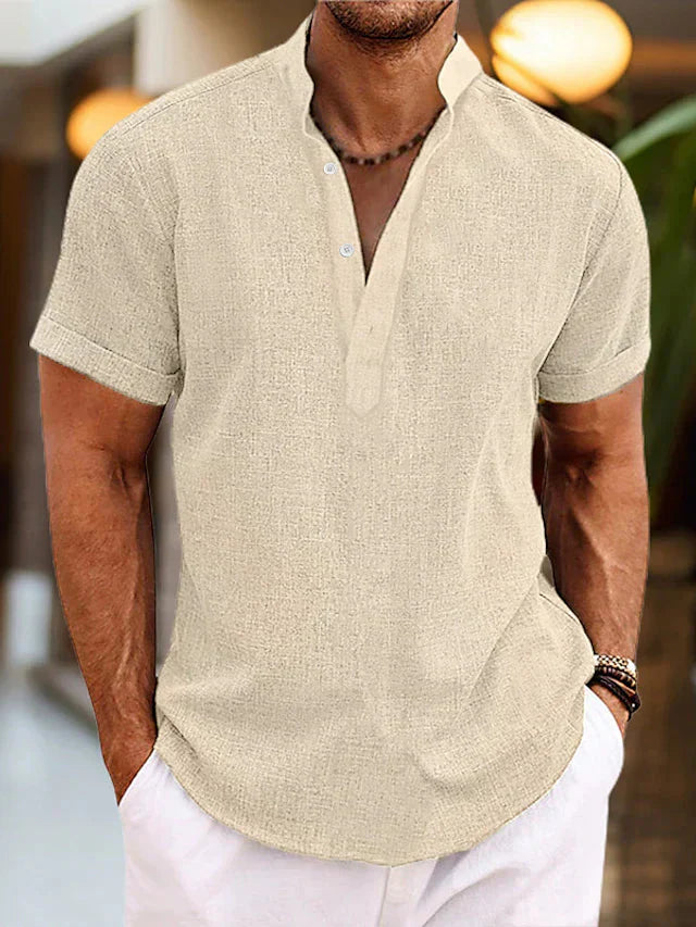 Men's Short-Sleeve Shirt with Stand Collar and V-Neck