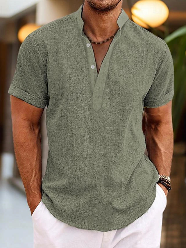 Men's Short-Sleeve Shirt with Stand Collar and V-Neck