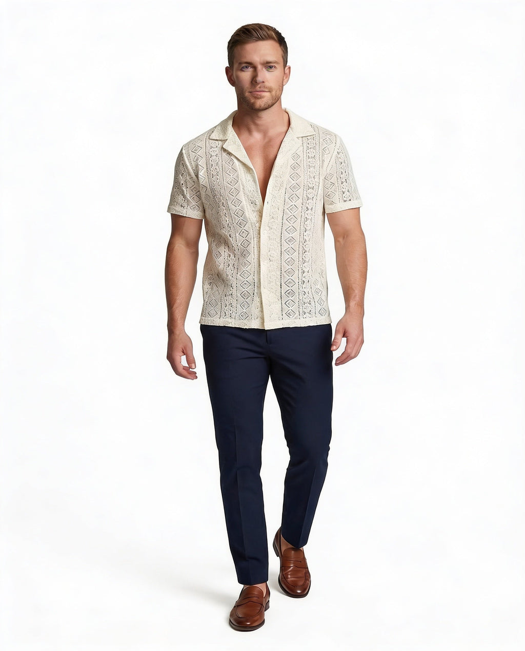 Men's Short-Sleeve Shirt with Camp Collar and Button Closure