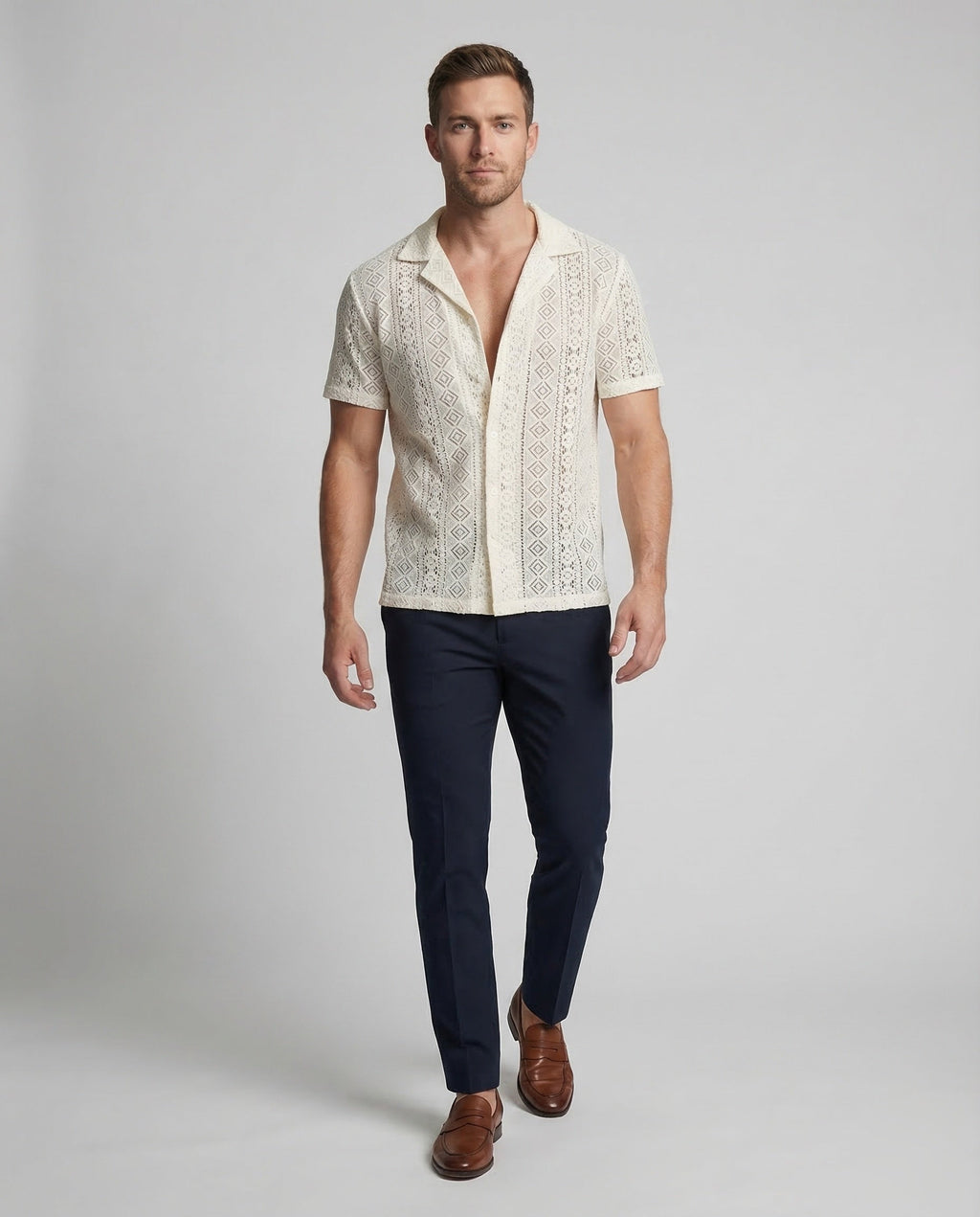 Men's Short-Sleeve Shirt with Camp Collar and Button Closure