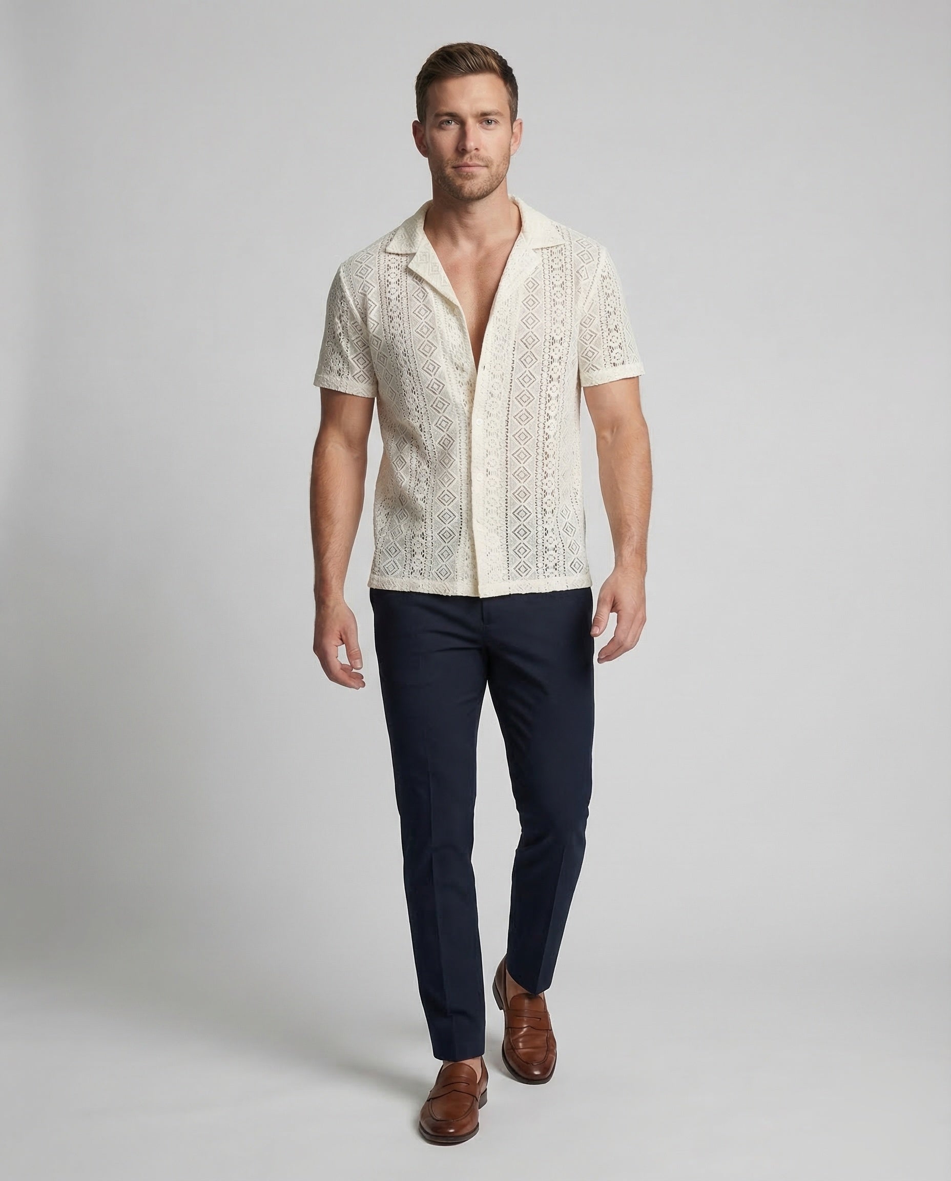 Men's Short-Sleeve Shirt with Camp Collar and Button Closure