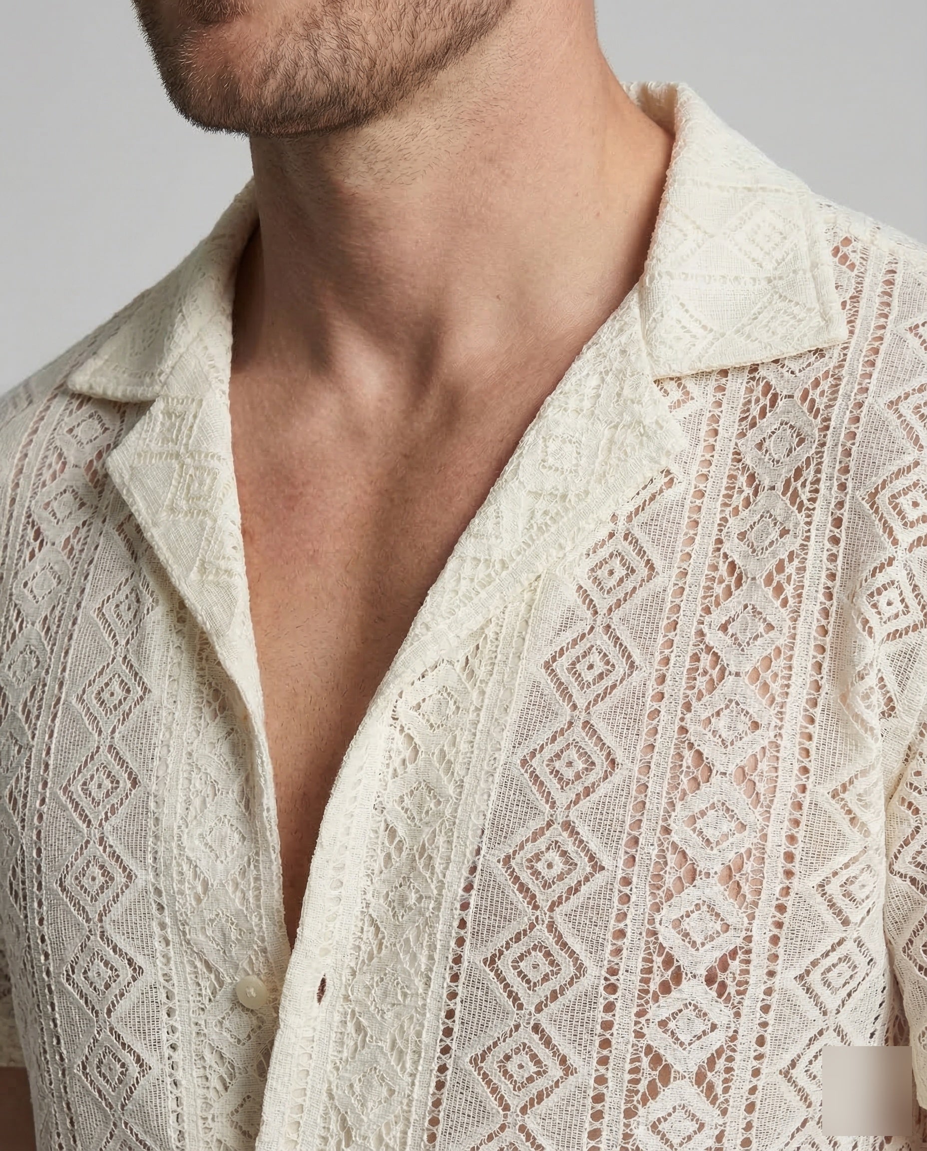 Men's Short-Sleeve Shirt with Camp Collar and Button Closure